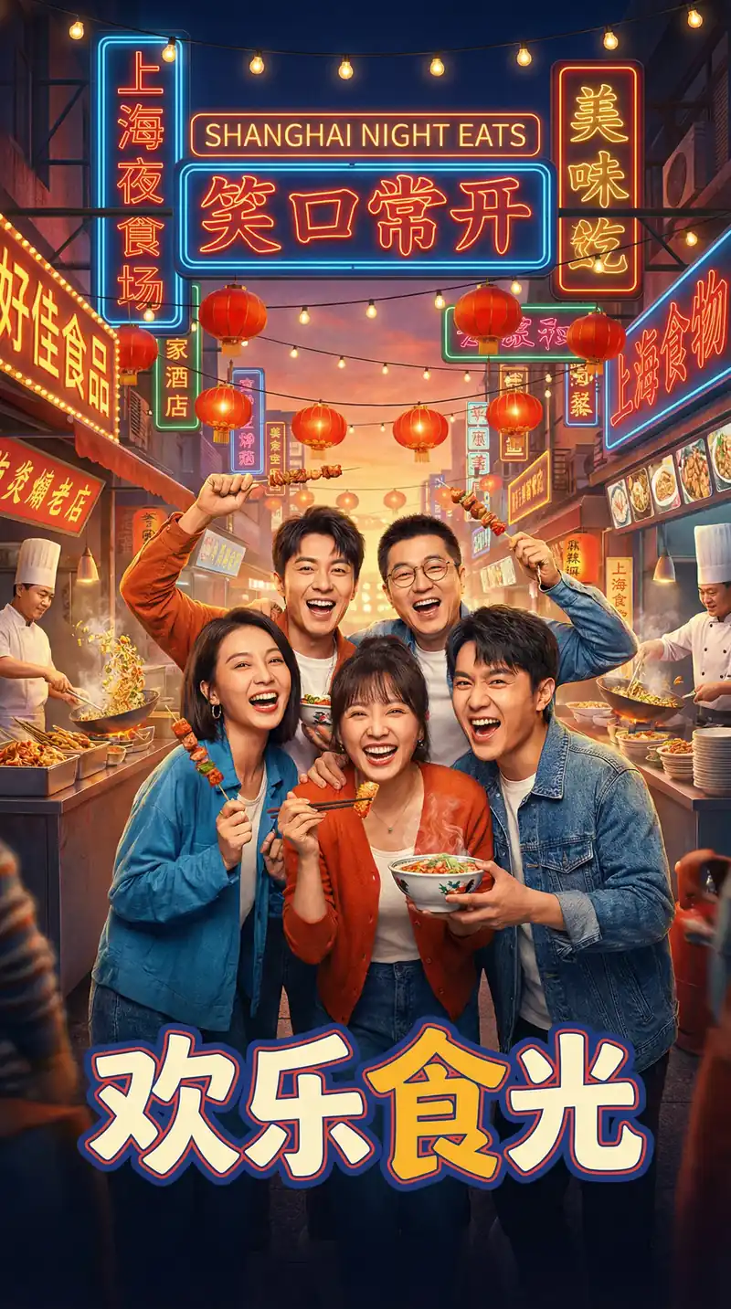 免费看片栏目推荐喜剧电影欢乐食光海报，五位好友在夜市美食街开怀大笑