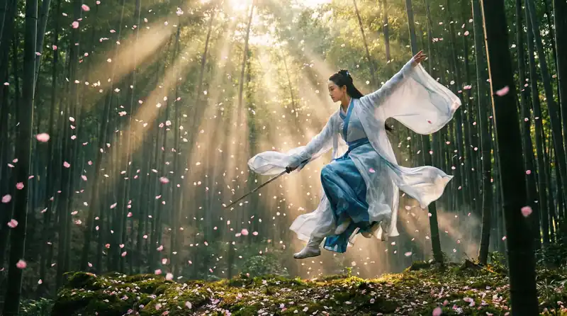 萝莉岛栏目精选动漫画面，竹林中女侠飞身舞剑的唯美场景